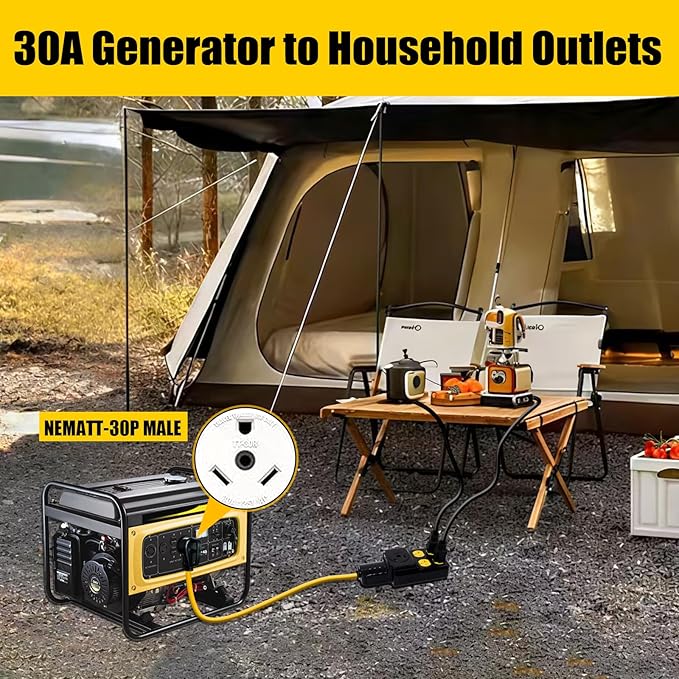 NEMA TT-30P to 4X 5-20R/5-15R&TT-30R Generator Adapter Extension Cord, 3 Prong 30 Amp to 110V,Twist Locking to 15 Amp/20 Amp Household Outlet, 125V 3750 Watts, ETL Listed (10FT)