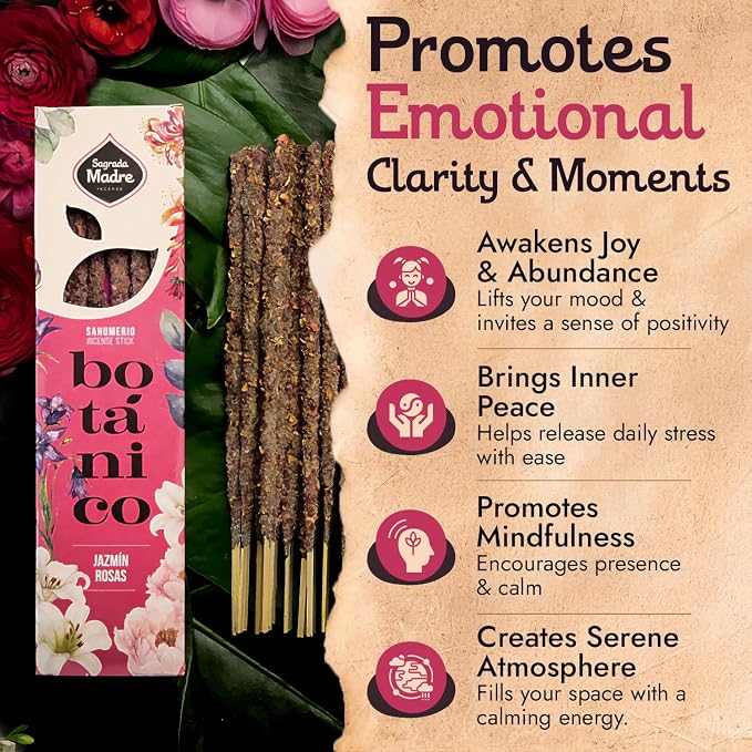 Sagrada Madre Jasmine Incense Sticks - 6 Handmade Extra-Long & Thick Sticks with Essential Oils, Rose Petals & Jasmine for Abundance, Calm & Relaxation - 1 Hour Burn Time