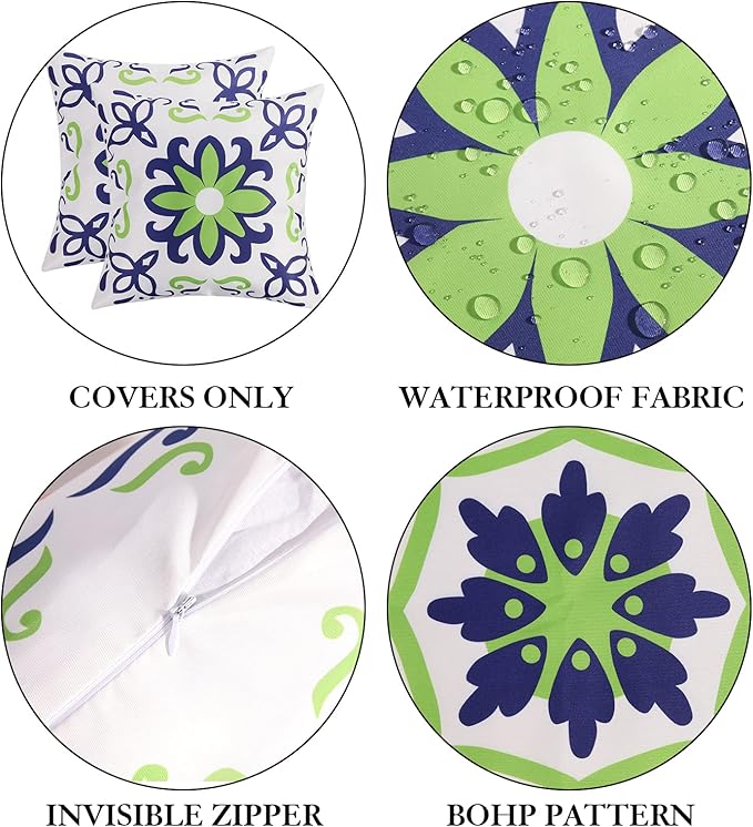 Pyonic Set of 4 Outdoor Pillow Covers 20x20 Waterproof Decorative Throw Pillow Covers Floral Printed Farmhouse Boho Pillowcase for Patio Funiture Garden Navy Blue