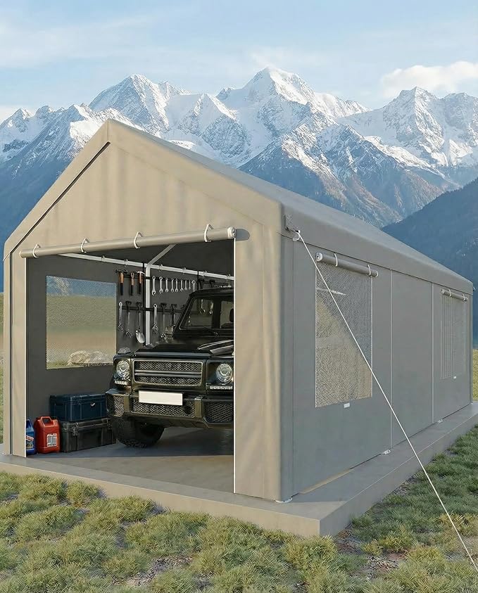 COBIZI Carport 10'x20' Heavy Duty Portable Garage, 2.0 Powder Coated Frame(Better Than Galvanized), Waterproof Shelter with Removable Sidewalls & Windows, Built-in Sandbags, for Car/Boat/SUV, Gray