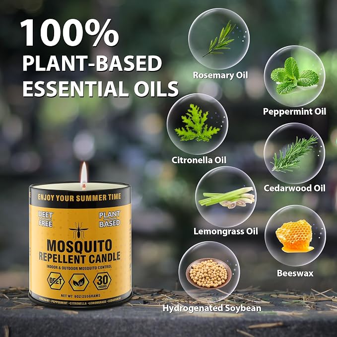 Mosquito Repellent Candle – Plant-Based Essential Oils with Citronella, Lemongrass & Rosemary – Outdoor Use