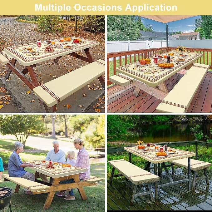 Picnic Table Cover with Bench Covers Camping Essentials Waterproof Windproof Camping Tablecloth with Drawstring Bag, Fitted Rectangle Tables and Seats, 96in, Light Brown