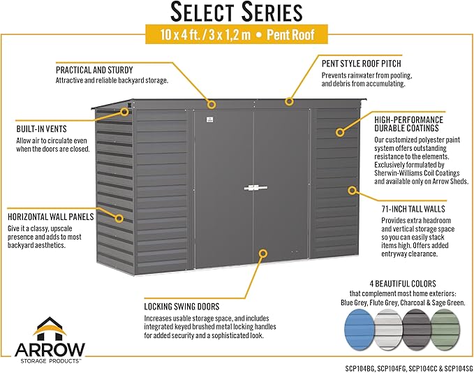 Arrow Select 10' x 4' Outdoor Lockable Steel Storage Shed Building, Charcoal
