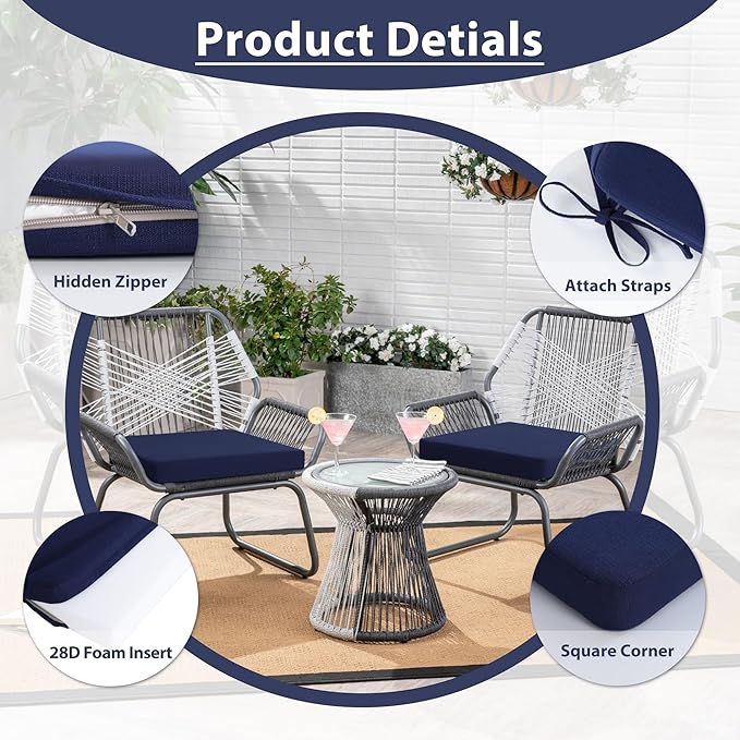 Favoyard Outdoor Chair Cushion Set of 4 Rainproof & Color Fade Resistant 17 x 16 x 2 in Square Corner Patio Furniture Cushions with Waterproof Hidden Zipper Attach Ties for Dining Table Chairs Seats