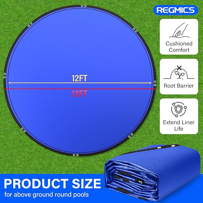 12FT Round Pool Liner Pad for Above Ground Pools, 165 GSM Thickened Puncture-Resistant Under Mat (13FT Actual), Heavy-Duty Underlayment with Metal Grommets