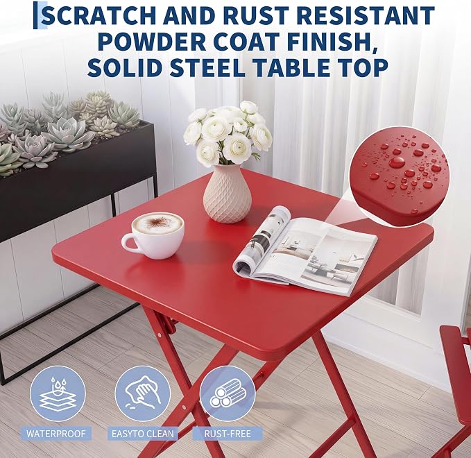 GarveeTech 3-Piece Folding Bistro Set, Heavy Duty Outdoor Patio Furniture with 2 Chairs & 1 Table, Weather-Resistant Steel Frame, No Assembly Required for Garden, Yard, Balcony,Red
