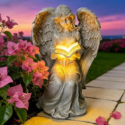 Solar Angel Book Statue, Waterproof Resin Outdoor Yard Garden Decor | Auto solar 7.5in reading angel figurine, warm LED glow, UV-resistant resin for indoor & outdoor decor