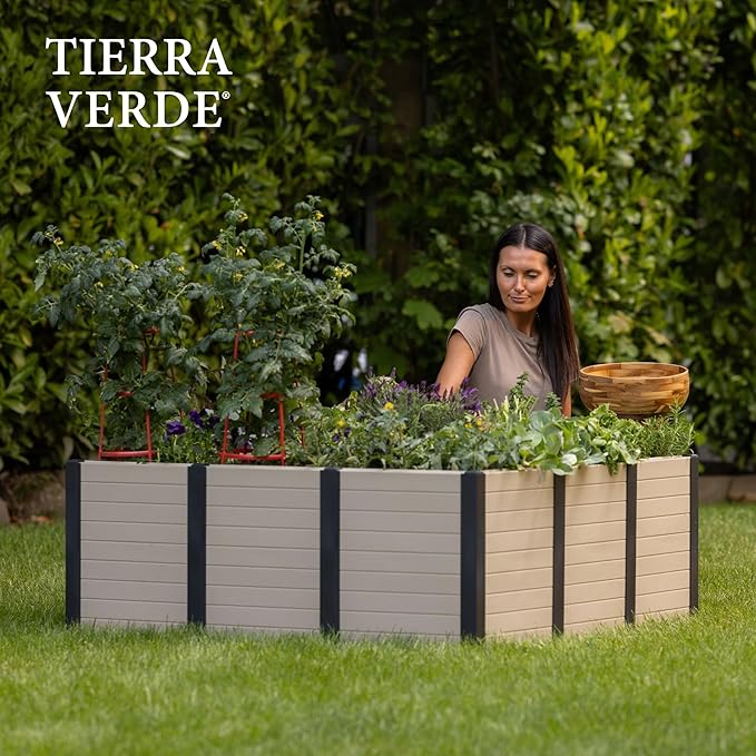 Tierra Verde 48-Inch x 48-Inch Raised Garden Bed with Tool-Free Connect System and Crafted from Recycled Materials, for Patios or Decks, Khaki