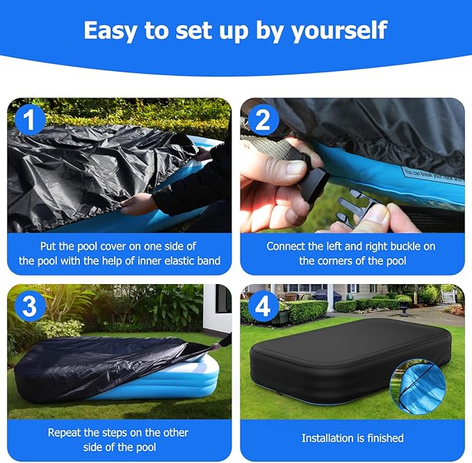 Rectangular Pool Cover for Inflatable Pool, Fits Blow Up Pool Size 120" L x 72" W, Built-in Elastic Band and Extra Buckle to Prevent Slipping, 10' x 6' Rectangle Above Ground Swimming Pool Cover