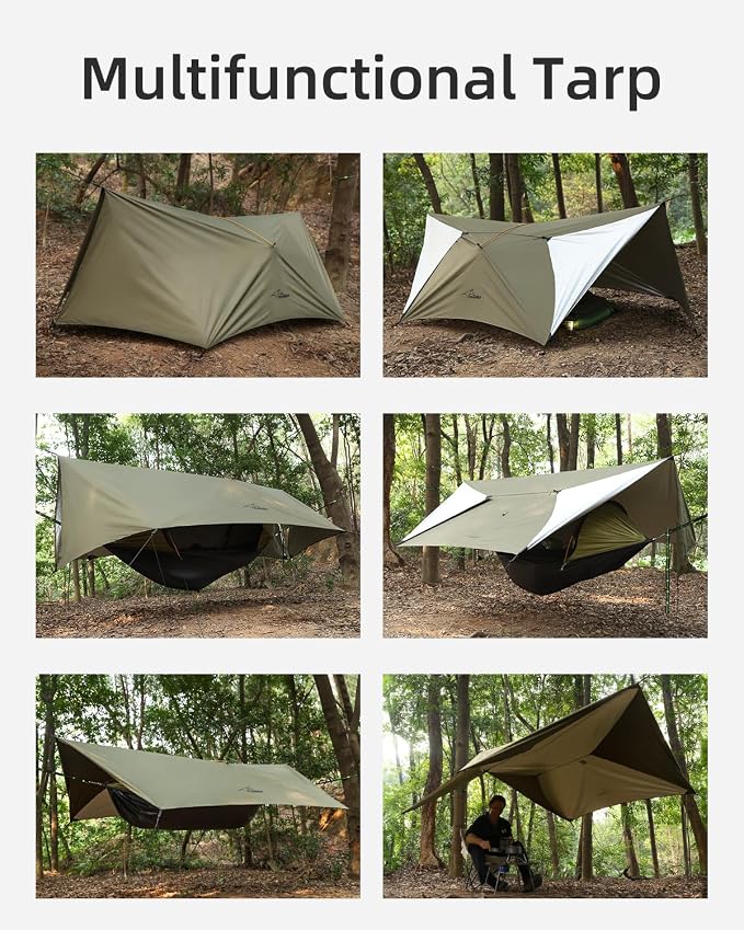 Ultralight Tarp, 14ft Hammock Rain Fly Lightweight Waterproof Camping Tent Tarp with Doors, Bushcraft Tarp Shelter for Backpacking Hiking Camping