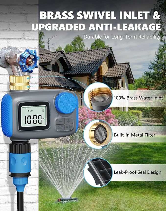 Sprinkler Timer with Brass Swivel, Hose Timers for Watering, Water Timer for Garden Hose, Digital Irrigation with Rain Delay & Manual Mode, Automatic Watering System for Outdoor Garden Lawn