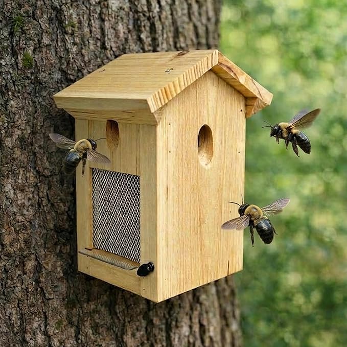 Carpenter Bee Traps for Outside, Piched Roof Nature Hanging Wood Boring Bee Trap for Outdoor Insect Trap