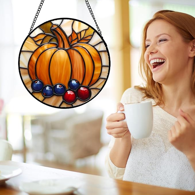 DASTOLL Stained Glass Window Hanging Fall Pumpkin Berries 7.8" - Suncatcher Door Garden Kitchen Sunroom Sun Catcher Autumn Home Decor Birthday for Mom Grandma Men Woman