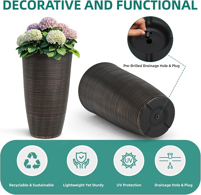 23.5"H Tall Pot Planters, 2-Pack Taper Large Flower Pots for Indoor Outdoor Use, UV-Protect PP Plant Container for Garden Patio Yard Balcony Porch or Home Decor, Bronze Vertical Stripes Texture