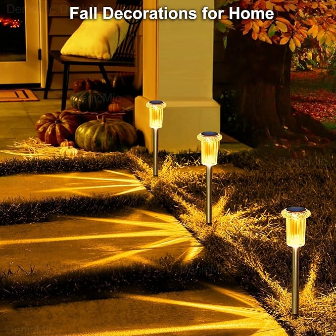 DenicMic Solar Fall Lights Outdoor Waterproof 10 Pack Orange LED Fall Decor | Yard Garden Pathway Walkway Patio Diamond-like Style Starburst Light Pattern, Acrylic/Stainless Steel, Autumn/Halloween Decor
