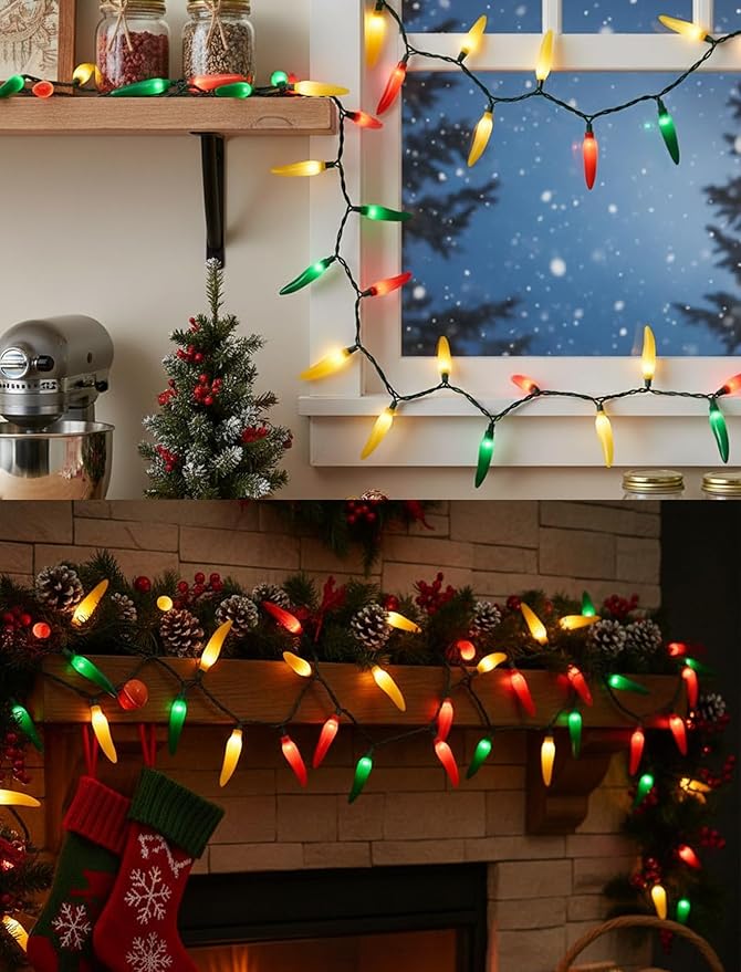 Multicolor Chili Pepper String Lights Plug in, 13.6Ft Outdoor Christmas Decorations Lights with 35 LED Red Green Yellow Chili Pepper Lights for Cinco de Mayo Fiesta House Kitchen Patio Mexican Party
