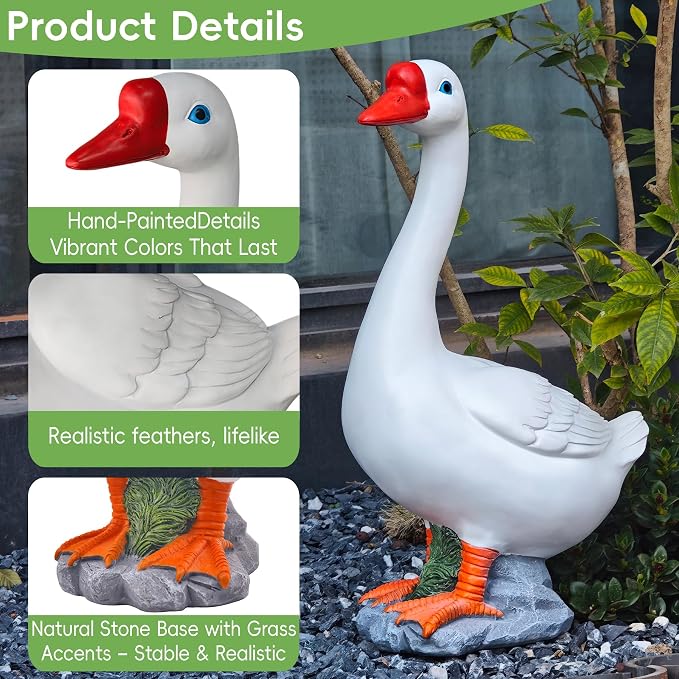 Porch Goose Statue - 19.5" Garden Resin Goose Decorative Figurine Duck Sculpture for Outdoor Indoor Patio Lawn Decor Gift for Women Mom