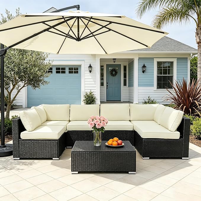 14Pcs Outdoor Cushion Covers Replacement Washable Waterproof UV w/Zipper for 6-Seaters Sofa Patio Slipcovers Set Seat and Back Covers Only (Creamy Beige, 25.6x25.6inch)