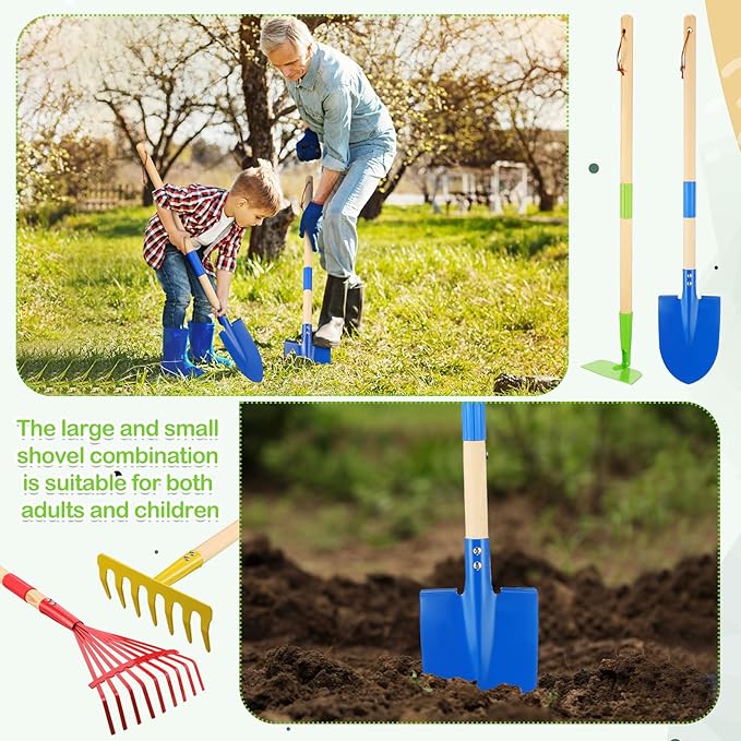 16 Pcs Kids Gardening Tools, Long Shovel, Rake for Leaves, Spade, Hoe, Steel Heads and Real Wood Handle, Yard Tools for Children Toddlers Gifts