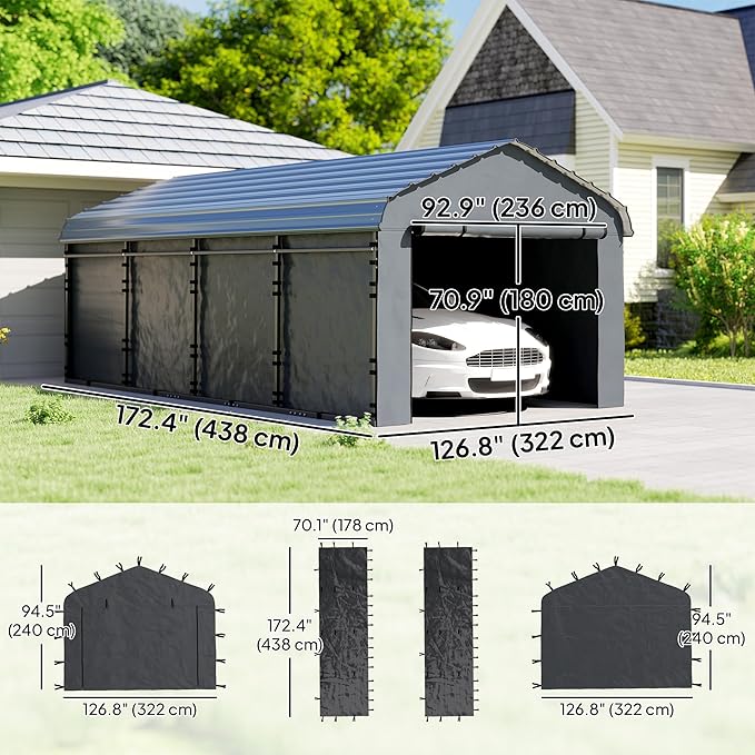 Outsunny Carport Replacement Sidewall Panels Set of 4 for 10' x 15' Carports, UPF50+ Waterproof PE Tarp Replacement Side Wall Cover with Zipper Door, Top Cover and Frame Not Included, Dark Gray