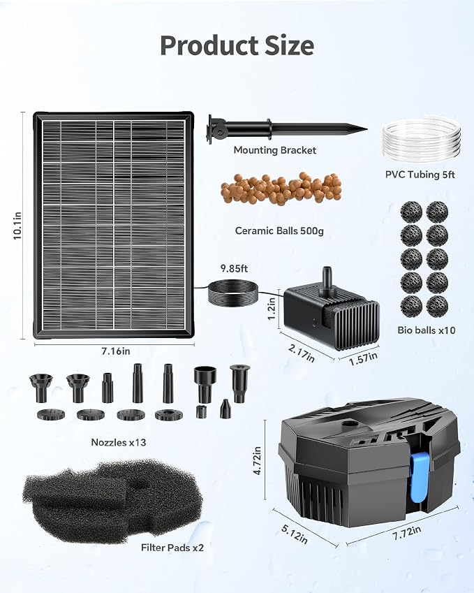 POPOSOAP Solar Pond Filter with Fountain Pump Built-in Battery Backup | 8W Solar Pond Pump with 8 Nozzles & 5Ft PVC Tubing, Dry-Run Protection for Outdoor Ponds Bird Baths DIY Water Feature