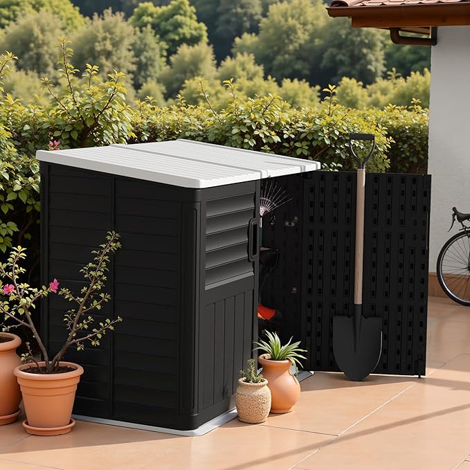 TUOZE 34 Cu Ft Resin Storage Shed, Waterproof Outdoor Storage Cabinet with Sloping Roof & Lockable Lid for Garden Tools, Trash Cans (Black)