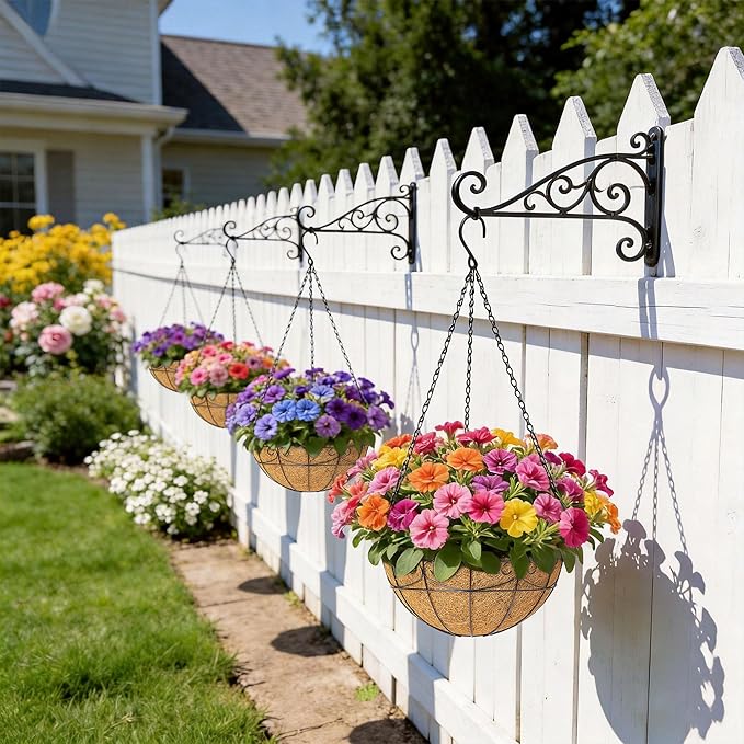 4 Pack 10 Inch Hanging Baskets for Plants Outdoor - Metal Hanging Planters for Outdoor Plants with Coco Liners - Heavy Duty Empty Hanging Flower Pots for Porch Patio Garden