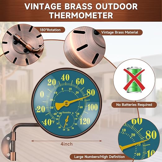 4 Inch Outdoor Thermometer and Humidity Gauge, Brass Retro Wall Mount Analog, Waterproof Temperature Hygrometer with Large Easy-Read Dial for Patio, Garden, Garage, Greenhouse