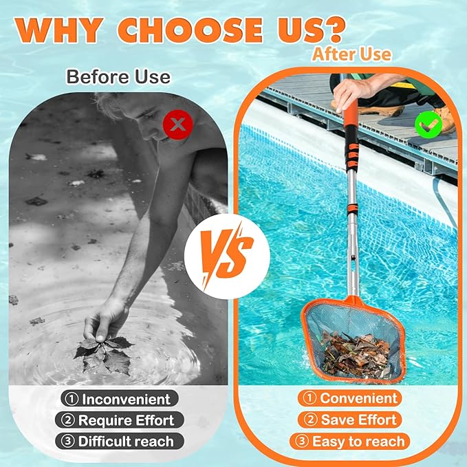 LAANPOLE 4-in-1 Pool Skimmer Net with Pole, Heavy Duty Pool Net and Fine Mesh Leaf Skimmer Net for Above Ground Pool, 12FT Telescopic Pool Pole with Professional Pool Net and Pool Hook for Cleaning