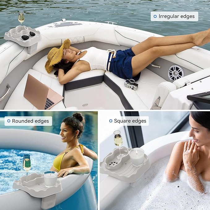 Anivia Hot Tub Table Tray, Adjustable Width 4.3" to 7.7" Hot Tub Accessories for Intex PureSpa, Nonslip Caddy Holds 2 Drinks, Keep Snacks-Drinks Handy and Dry, Fits Outdoor Inflatable Spa/Pool(Beige)