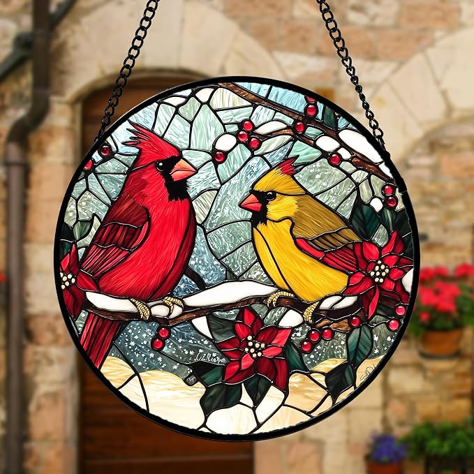 DASTOLL Stained Glass Window Hanging, Love Birds Cardinals Sun Catchers Colorful Glass Panel Birds Suncatcher Decor for Birthday for Women, Men, Wife, Lovers, and Mom 7.8 in