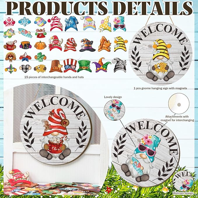 Qunclay Interchangeable Wooden Gnome Decor Holiday Seasonal Gnome Decorations with Magnet Pieces and Detachable Hats Changeable Welcome Sign for Home(Grayish White)