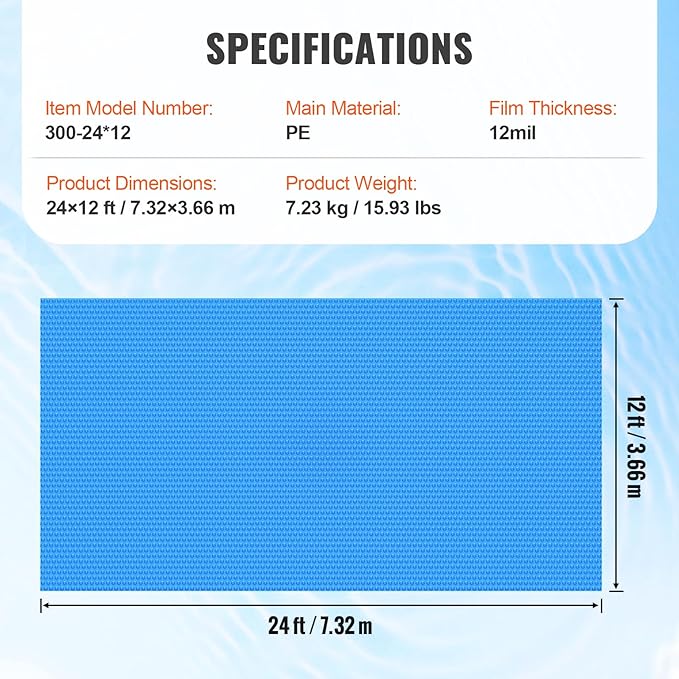 VEVOR Solar Pool Cover, 24 x 12 ft Rectangle Solar Cover 12 mil for Pools, Inground Above Ground Swimming Pool Solar Blanket with Bubble, Heat Retaining Solar Covers Blue