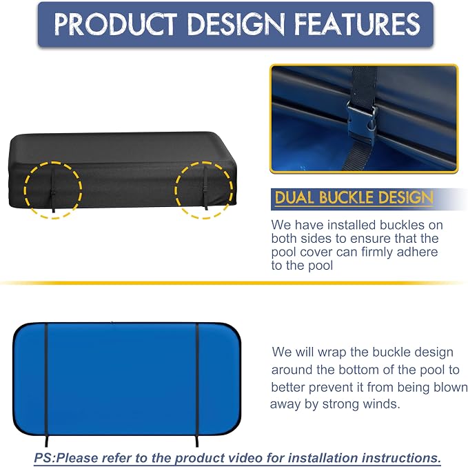 Rectangular Pool Cover for Inflatable Pool, Upgrade Design 420D Heavy-Duty Waterproof Oxford Pool Cover for Above Ground Rectangular Inflatable Swimming Pool with Windproof Buckle (120x72x20IN)