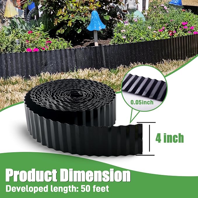 Quibbay Metal Corrugated Garden Edging, 4" x 50Ft Landscape Edging for DIY Flower Beds, Flexible Bender Border for Lawn, Garden and Yard, Sturdy Galvanized Garden Edging, Black