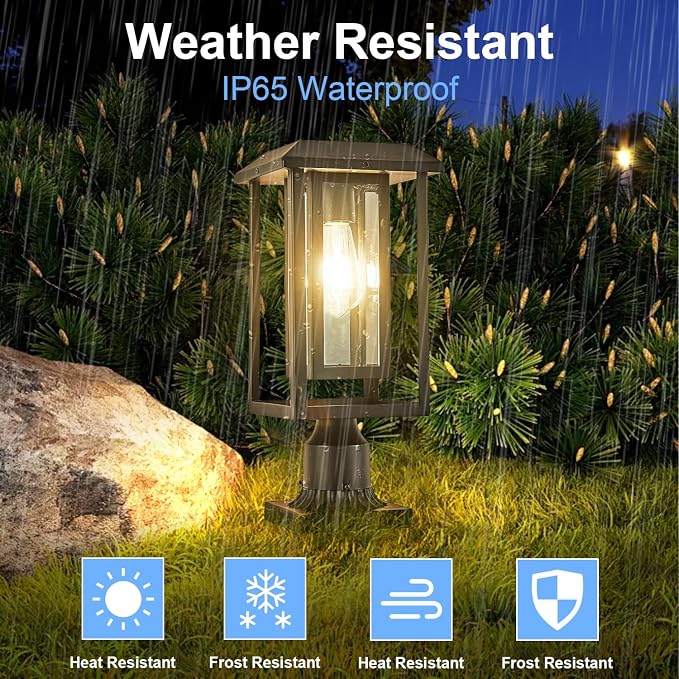Solar Lamp Post Lights for Outdoor with Pier Mount Base, Waterproof Pole Lights Head with Dusk to Dawn Sensor, Exterior Solar Powered Pillar Lights Fixture for Yard, Garden, Pathway, Black