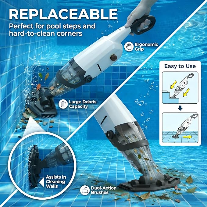 Cordless Handheld Pool Vacuum for Above Ground Pool, Pool Cleaner with 18 GPM & 60-90 Mins, 7.2 FT Section Pole Ideal for Leaves Dirt Sand, Hot Tub Spa Above Ground Pools In-ground Pools, Off-White