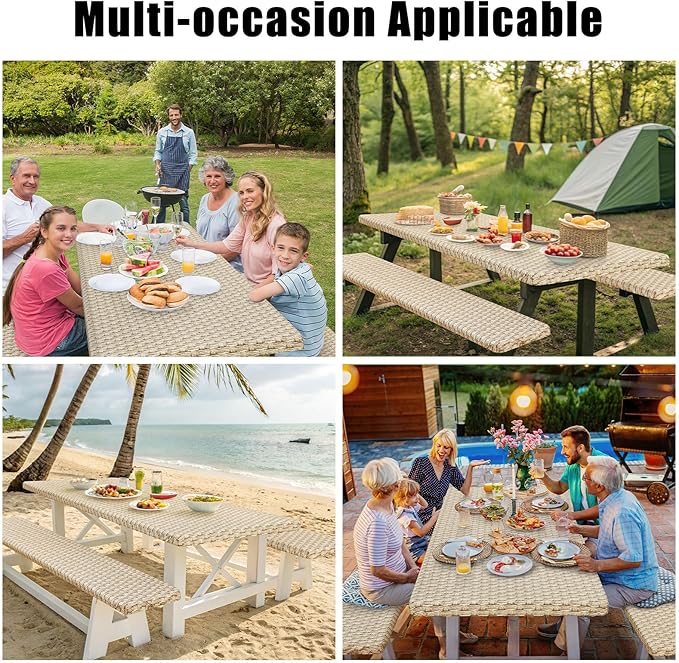 Smiry Picnic Table Cover with Bench Covers, Waterproof Elastic Fitted Tablecloth for 8 Foot Tables, Washable Polyester Tablecloths for Camping, Indoor & Outdoor (Champagne, 30x96 Inch 3-pc Set)