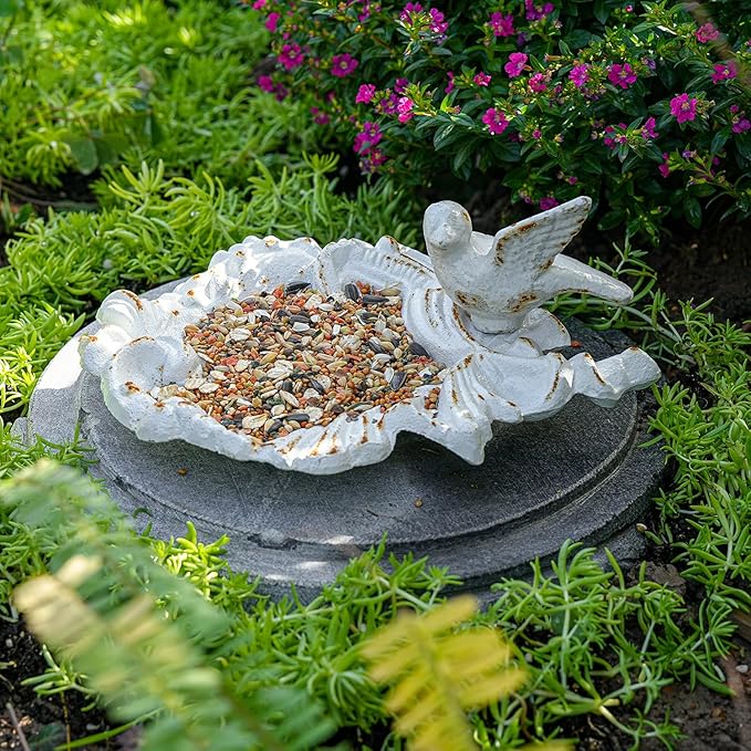 Sungmor Cast Iron Bird Feeder Dish, Rustic White Small Bird Feeding Tray, Decorative Leaf-Shaped Outdoor Bath Bowl Food Container for Garden, Patio or Yard