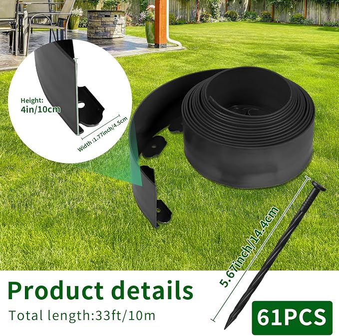 4 in x 33 Ft Garden Landscape Edging, No Dig Garden Edging Border Kit with 61 Pcs Spikes for Flower Bed Lawn Yard Grass Black
