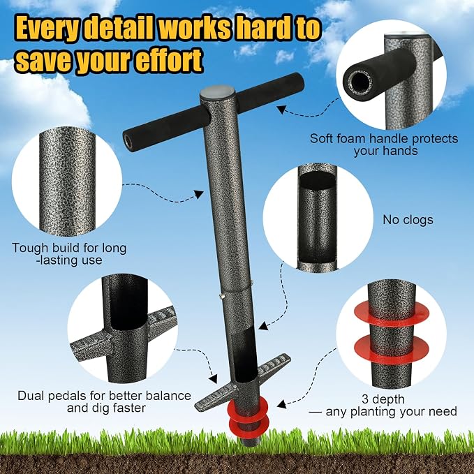 Bulb Planter & Sod Plugger - 34" Long Handle Grass Plugger Tool for Lawn Repair, Heavy Duty Garden Hole Digger with Easy Plug Release for Zoysia Plugs, Bare Spots, Tulip Planting,Turf Transplanting