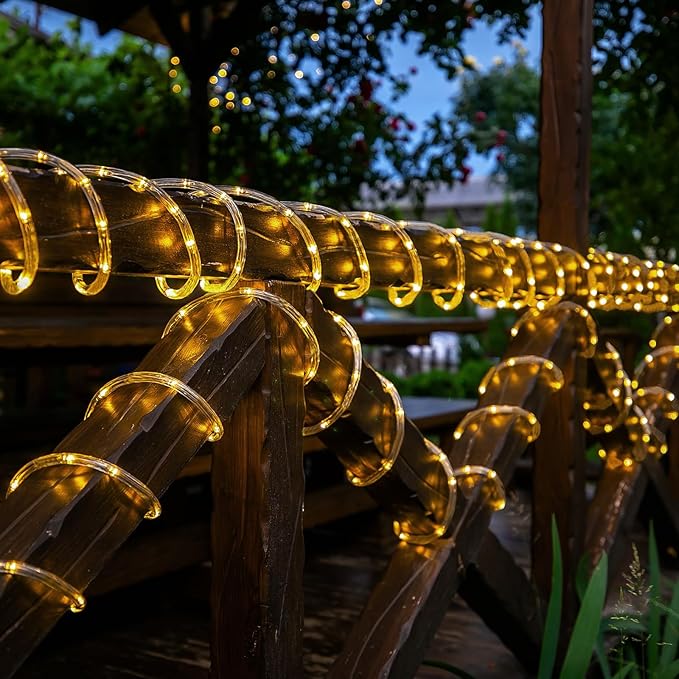Solar Rope Lights, 66ft 200LED Solar String Lights, 8 Modes Waterproof Solar Powered Outdoor Light, Flexible Clear Tube Light for Garden, Backyard, Patio, Deck, Porch, Pool, Tree Decor - Warm White