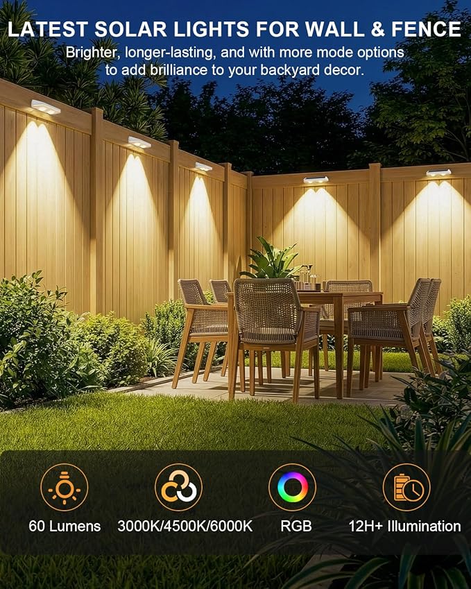 Solar Fence Lights Outdoor ,3000/4500/6000K 13 Mode, 8 Pack Fence Lights Solar Powered with Ultra-Bright Lens IP65 Waterproof,Solar Wall Light for Backyard/Step/Patio/Deck/Stair/Railings(White)