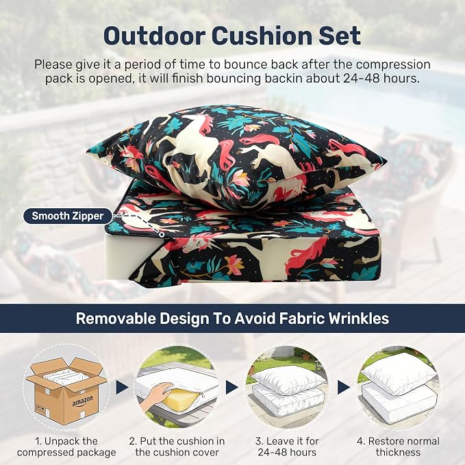 UNIKOME Outdoor Seat Cushions 19 X 19 Inch - Water-Resistant & Fade Resistant, Removable Cover Patio Furniture Cushions for Chair, Sofa, Couch, Wicker, Unicorn