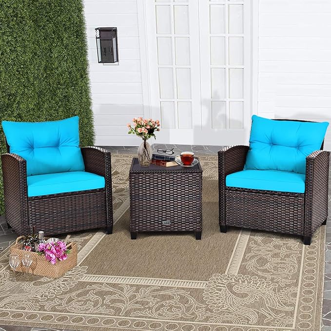 COSTWAY 3PCS Patio Furniture Set, PE Rattan Wicker Sofa w/Washable Cushion and Coffee Table, Tempered Glass Tabletop, Outdoor Conversation Set for Balcony, Porch, Yard, Backyard, Lawn, Turquoise