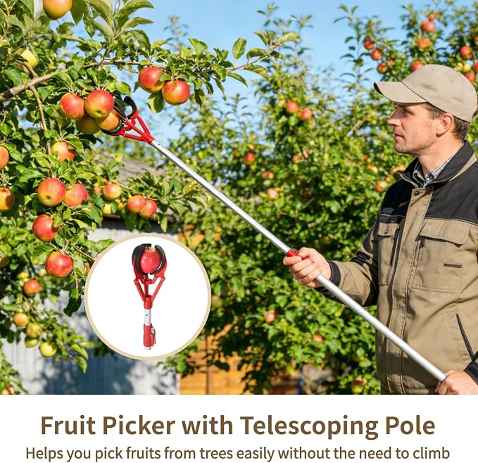 Fruit Picker Pole with Basket Telescoping, 4.3 to 7.5 ft Adjustable Apple Picker Pole, Aluminum Lightweight picker Tool with 3-Claw Design, Safe Picking without Climbing, Great for Orchards, Farms