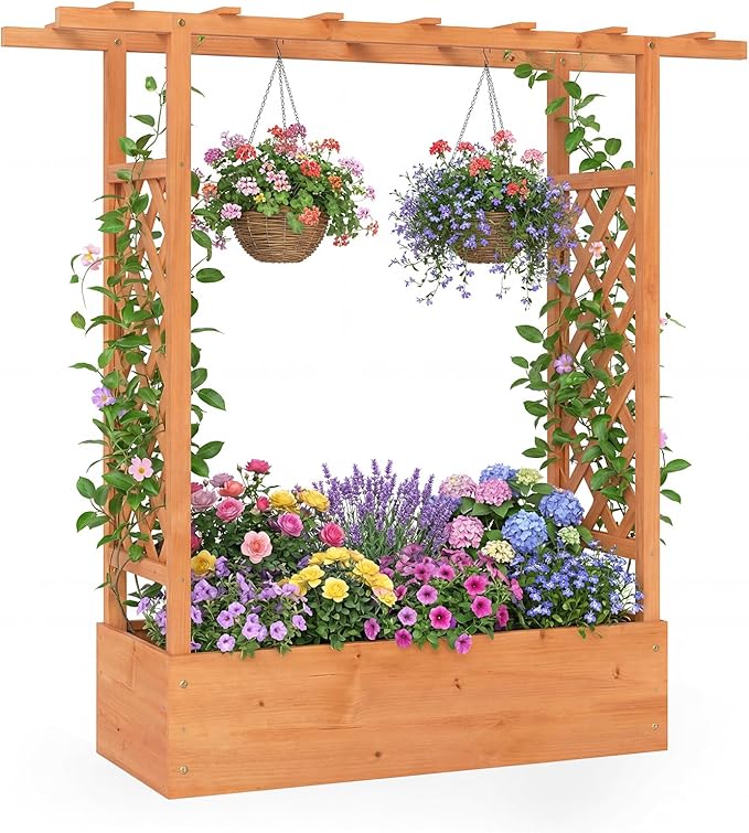 HAPPYGRILL Raised Garden Bed with Trellis & Hanging Roof, 45" Tall Wooden Planter Box with Drainage Holes, Outdoor Wood Elevated Garden Bed for Climbing Plants Vines Vegetables Flowers (Orange,1)