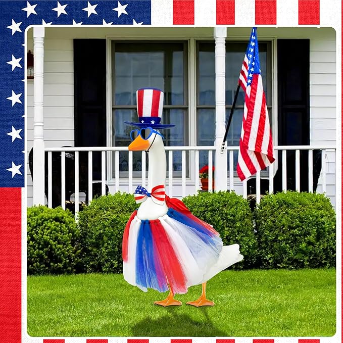 Independence Day Goose Outfit with Sunglasses & Tie,Porch Goose Outfits for 23" 17" Cement Plastic Goose Clothes Costumes, 4th of July Goose Outfit for Party Outdoor Patio Yard Lawn