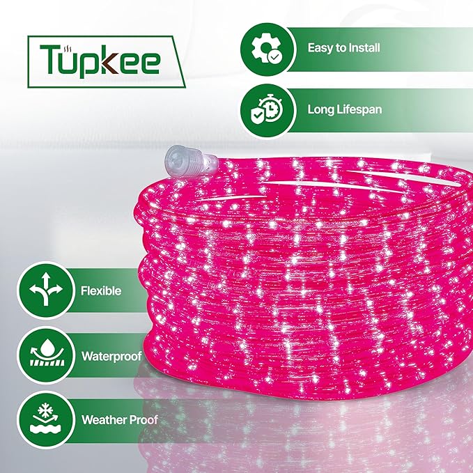 Tupkee LED Rope Light Pink - for Indoor and Outdoor use, 24 Feet (7.3 m) - 10MM Diameter - 144 LED Long Life Bulbs Decorative Rope Tube Lights