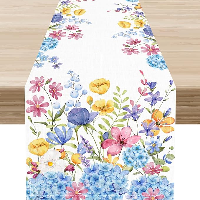 Spring Floral Table Runner, Seasonal Blue Hydrangea Flower Boho Watercolor Summer Farmhouse Country Rustic Table Center Decor for Family Kitchen and Dining Party Table Decorations, 13"x108"